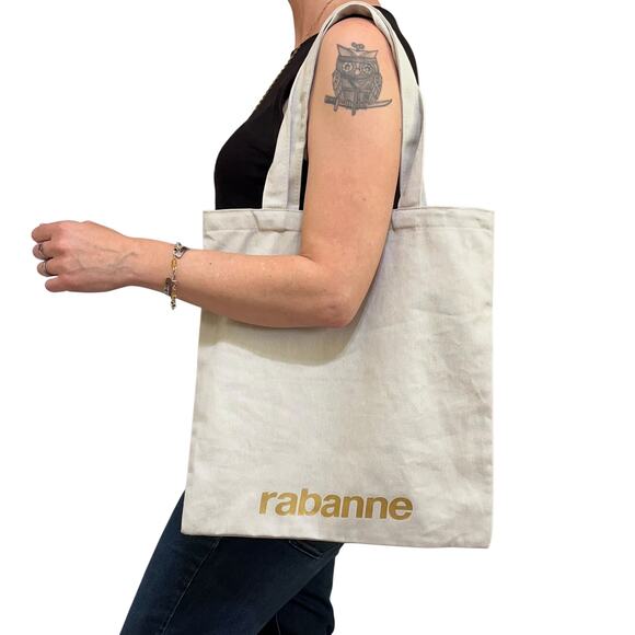 NWOT Rabanne Light Gray Gold Logo Unisex Tote Bag - Picture 2 of 5